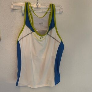Nike Women's Blue and White Racerbacj Top with Green Accents